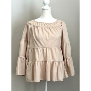 Rebecca Taylor Tiered Pique Top in Marzipan Size (S) Tan Beige Flutter Sleeves